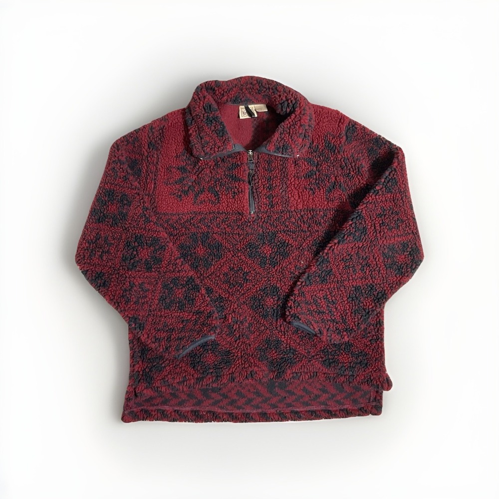 Woolrich Womens Small Red Black Pullover Fleece Sherpa USA Primitive AOP